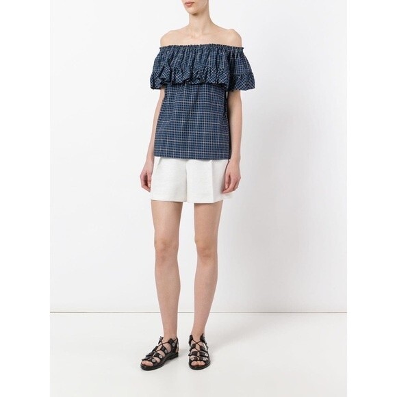 HACHE Ruffle Off The Shoulder Plaid Cotton Blouse Top Blue Small / IT40 - Picture 3 of 7